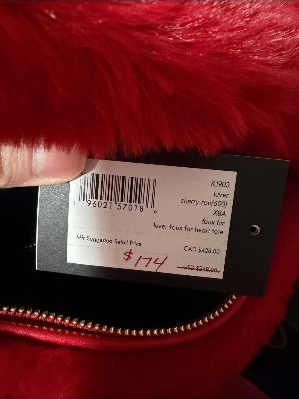 kate spade Plush Red Faux-Fur heart tote/Shoulder Bag - Picture 3 of 3